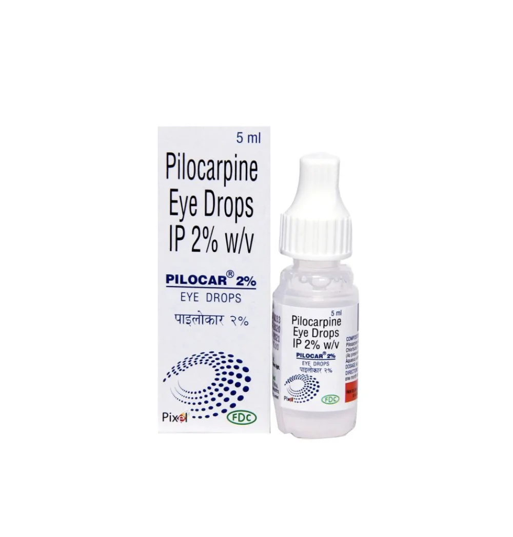 Pilocarpine Eye Drops IP 2% w/v, 5 ml bottle beside its box (ophthalmic solution)