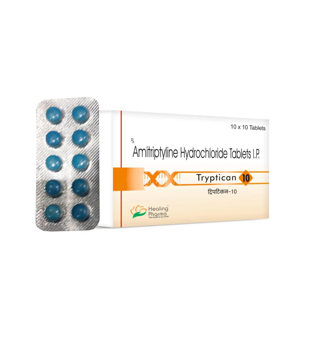 Blister pack of blue round tablets beside a white box labeled Amitriptyline Hydrochloride Tablets IP 10 mg.