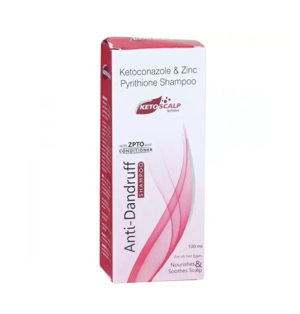 Box of Ketoconazole & Zinc Pyrithione anti-dandruff shampoo with pink swoosh design, 100 ml, for all hair types; Nourishes and soothes scalp.